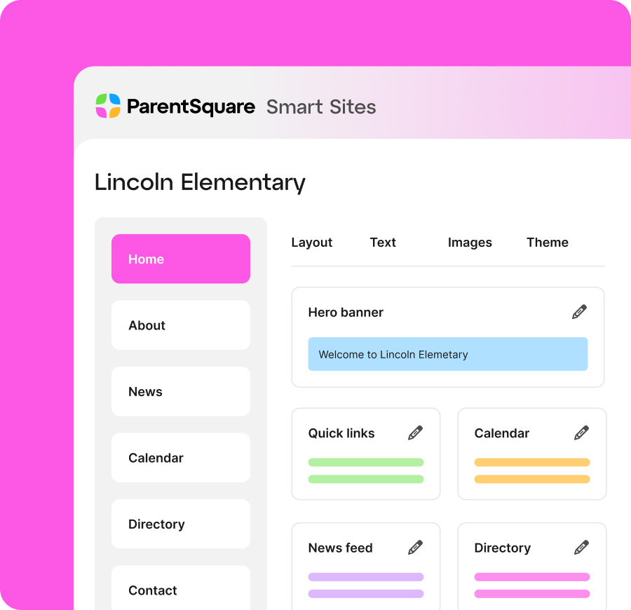 ParentSquare Smart Sites editor showing website customization widgets like Hero banner, Quick links, and Calendar.