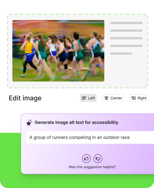 Accessibility interface showing AI-generated alt text for an image of runners competing in an outdoor race.