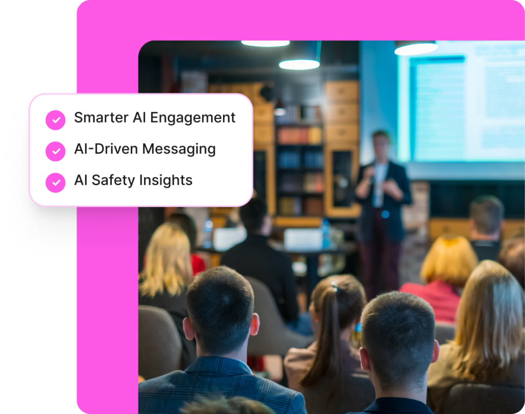 Audience attending a presentation beside a graphic highlighting AI-driven school communication features including smarter engagement, messaging, and safety insights.