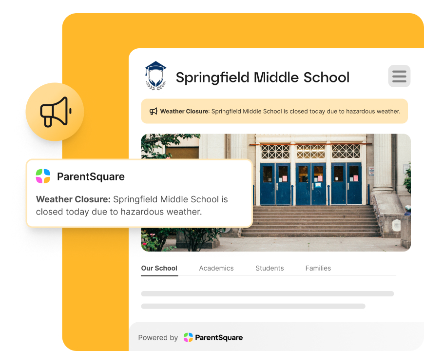 School website with posted alert for weather closure.