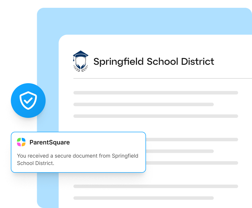 A school document with a ParentSquare notification overlay stating a secure document was received.