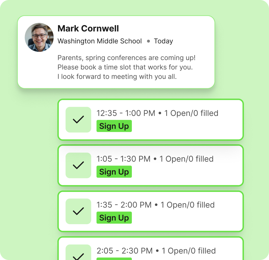 A message from a teacher announcing spring parent-teacher conferences with instructions to sign up via ParentSquare, along a visualization of appointment signups.