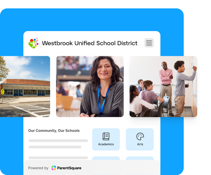 School District website interface with a photo carousel and navigation icons for navigation.