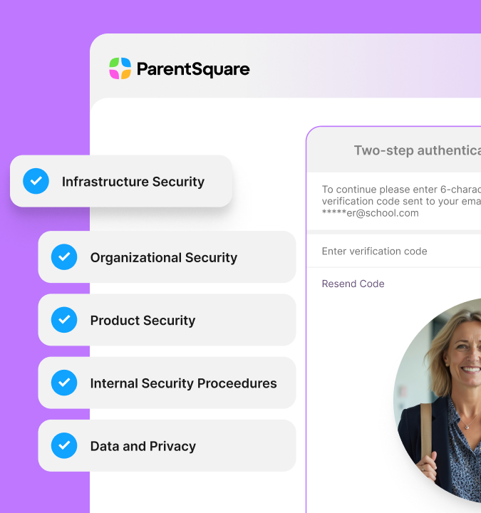 ParentSquare interface highlighting security and privacy features, including infrastructure security, data privacy, and two-step authentication.