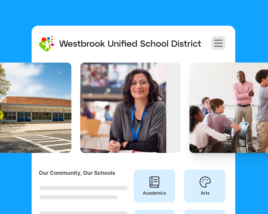 School District mobile interface featuring a school photo carousel and navigation buttons