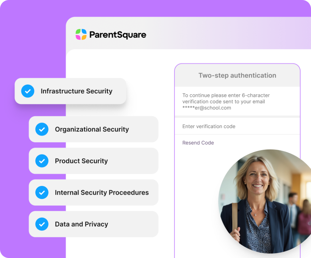 ParentSquare security interface highlighting infrastructure security, product security, data privacy, and two-step authentication features.