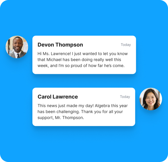 A conversation between a teacher and a parent, with the teacher sharing an update on the student's progress and the parent expressing their excitement at the news.