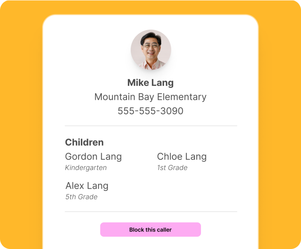 Contact profile card for Mike Lang, educator at Mountain Bay Elementary, featuring phone number 555-555-3090 and children details including Gordon Lang (Kindergarten), Chloe Lang (1st Grade), and Alex Lang (5th Grade), with a “Block this caller” button.