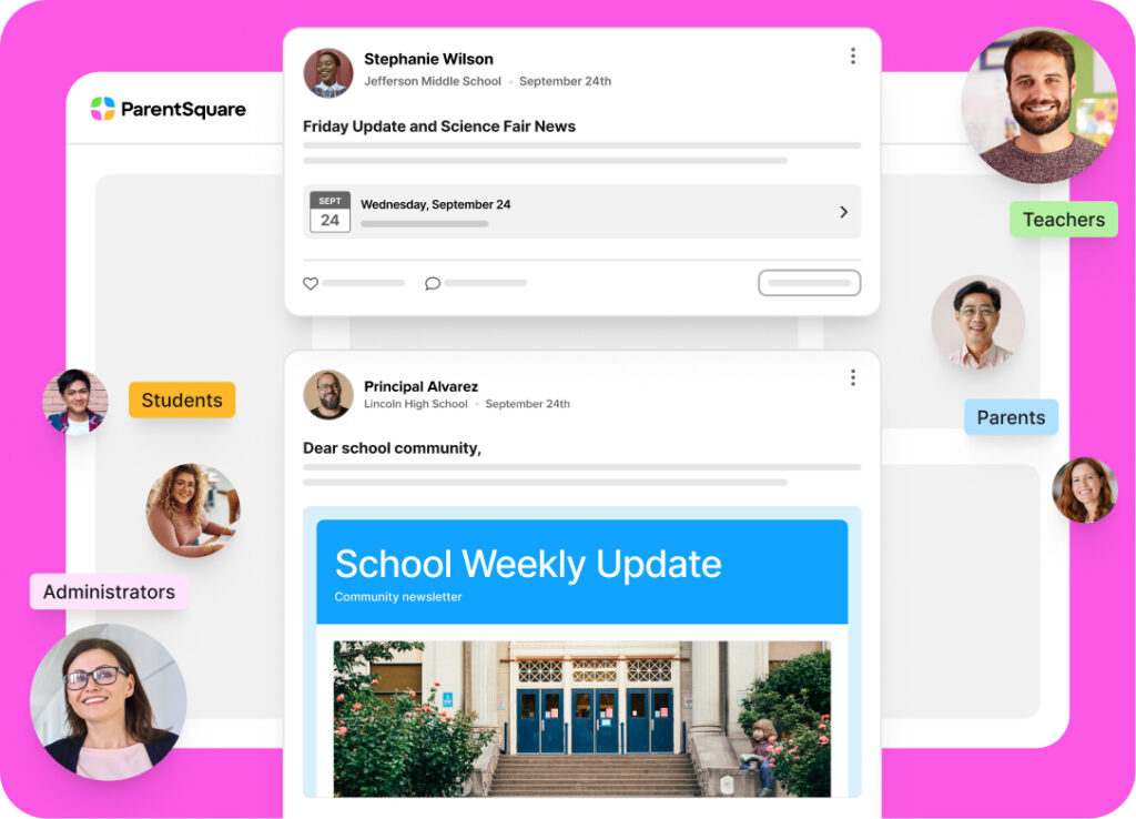 An image showing two posts from different schools: an update and event from the middle school, and an update from the principal and weekly newsletter from the high school. The image shows how these posts connect teachers, parents, students, and administrators.
