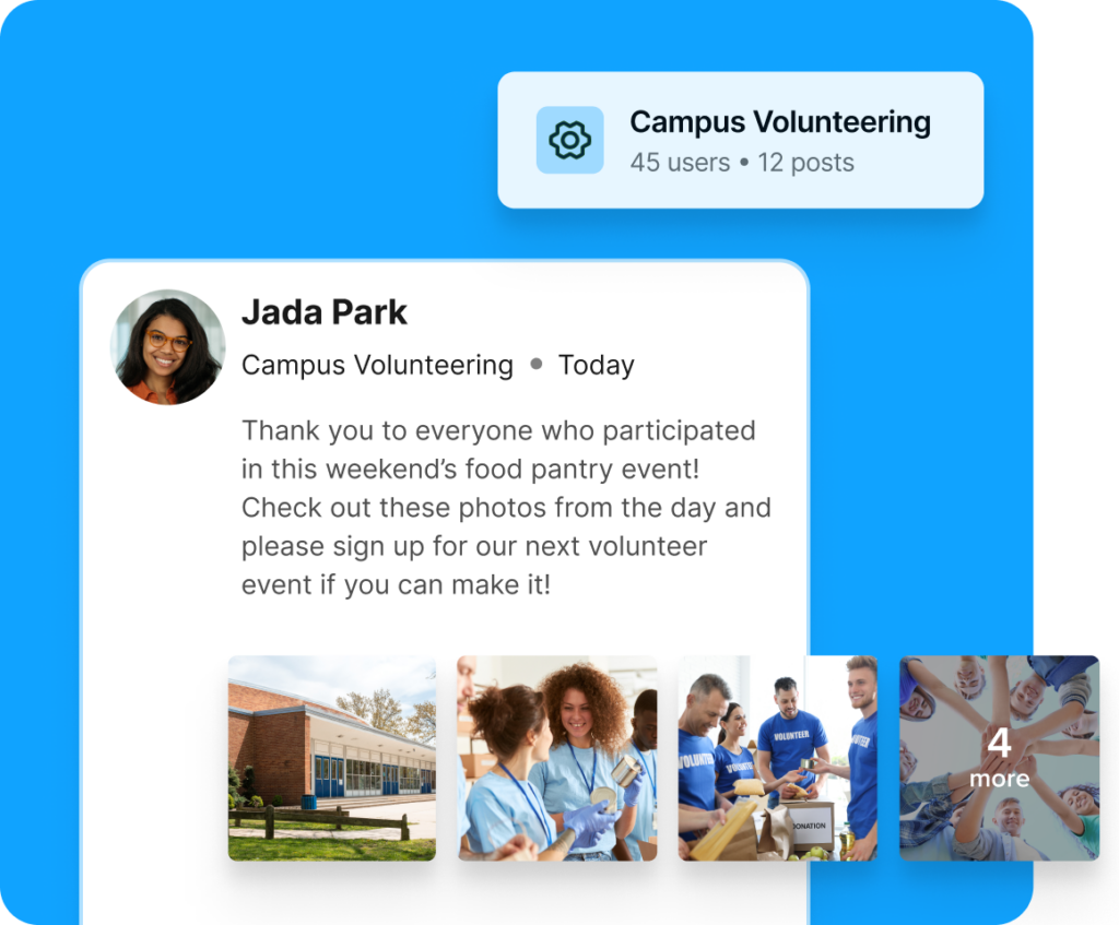 School volunteer community post highlighting a food pantry event with photos, participant updates, and signup information for future volunteer opportunities.