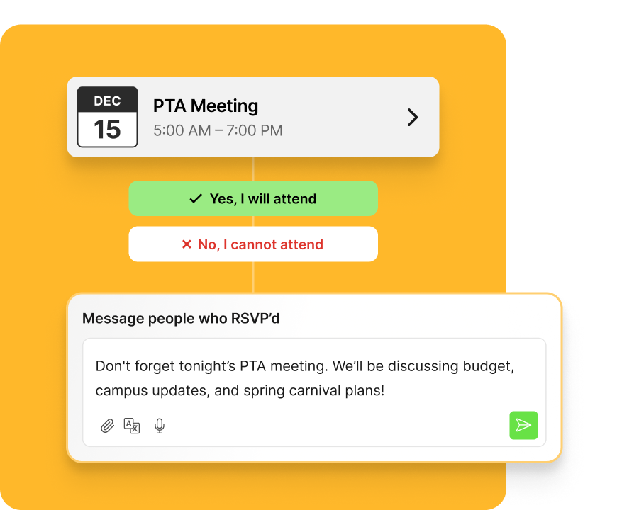 An event invitation to a PTA meeting with the option for parents to RSVP directly from the invite, with a message with the agenda for parents who have indicated they will attend.