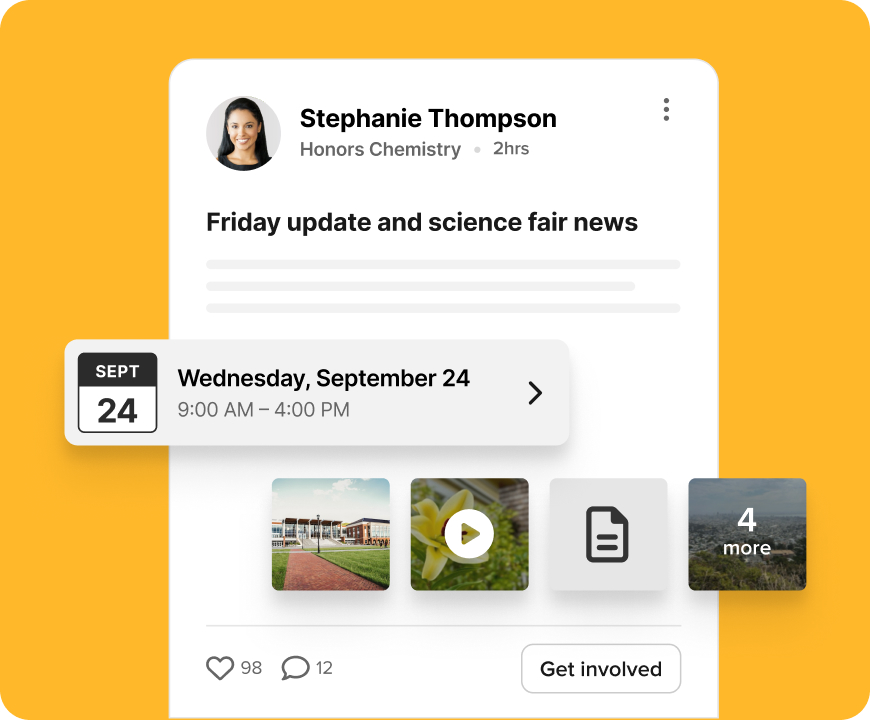 A post from a teacher about a Friday update and science fair news, including an event signup and media attachments.