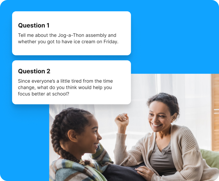 Graphic featuring two discussion prompts labeled “Question 1” and “Question 2” about a school Jog-a-Thon assembly, ice cream reward, alongside a warm, candid photo of a smiling adult woman and young girl sitting together on a couch, engaged in friendly conversation in a bright home setting.